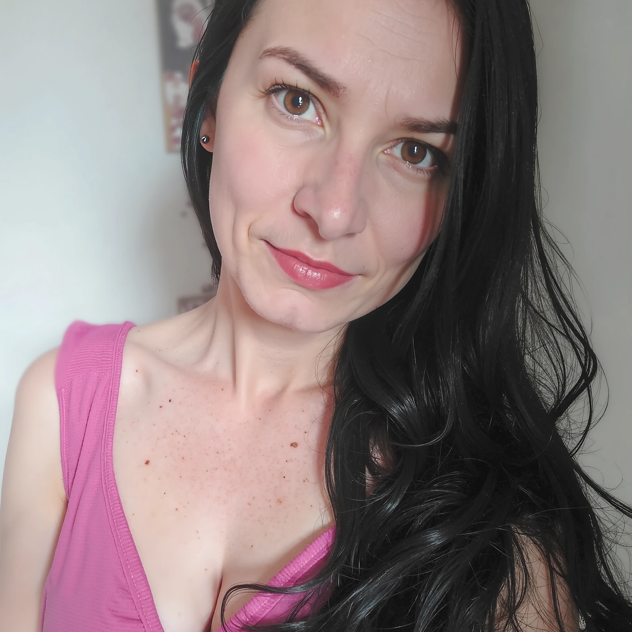 A 40 YEAR OLD BEAUTIFUL THIN NAKED GIRL TAKING A SELFIE, Full body view, front view, White skin, VERY LONG AND STRAIGHT BLACK hair,  photorealistic, 