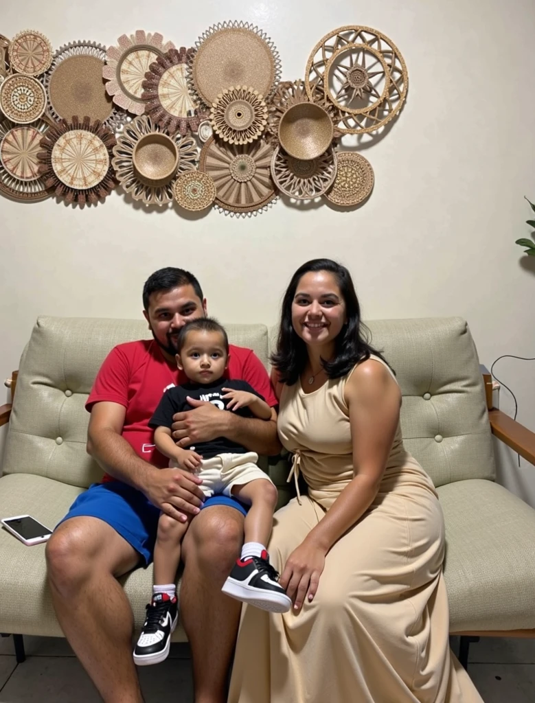 There is a man and a woman holding a baby in a room, marido esposa e filho, Directed by: Nandor Soldier, imagem de perfil, foto do perfil, Happy family, foto de perfil, facebook post, imagem de qualidade muito baixa, Family photo, 3 5 year brazilian mother, Alanis Guillen, Postagem no Reddit, family portrait, Em casa, foto de perfil, album photo