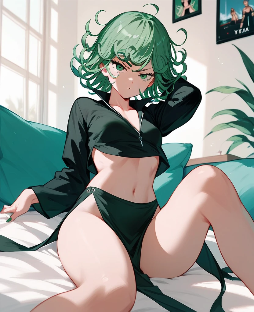 (beste-Qualit, 8K, 12), 1 girl, tatsumaki, Short Hair Hair, green hair, little chest, the perfect body, ultra detail face, detailed lips, Slender Eyes, gown, stands, enticing, Excited, convex areolas, steam, From Bottom, (((very small boobs))), ((masturbating)), ((thick thighs)), spreading legs, ((((black bra and panties))))
