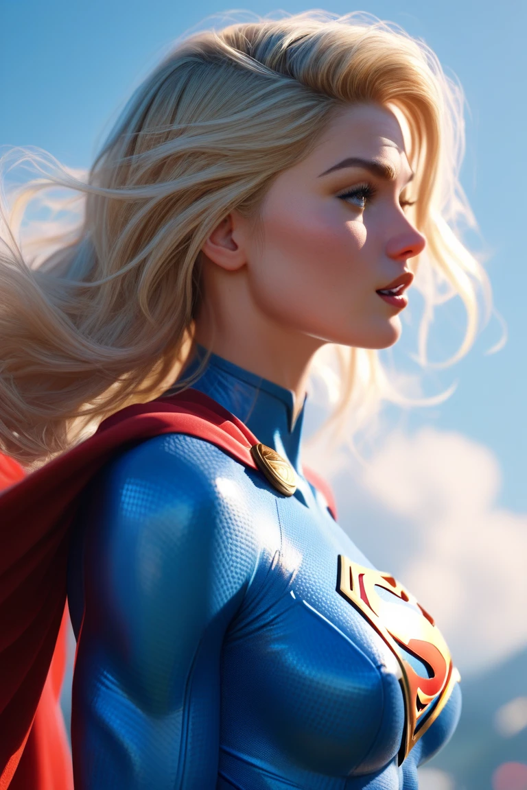 Super Girl, Over the city, Ready to fight, Detailed artistic photography, Beautiful and delicate face, Dreamy, glowing, Backlight, charm, glow, shadow, Oil on canvas, Brushstrokes, Soft, Ultra HD, 8K, Unreal Engine 5, Super sharp focus, Atjem, Loish, Science Fiction, complex art masterpiece, threaten, Matte paint movie poster, Golden Ratio, cgsociety Trends, complex, epic, Very detailed, Energetic, Creating a character render, High quality model  