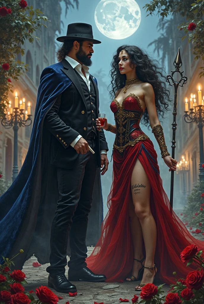 (work of art:1.2), absurderes, A photorealistic photo of the gypsy from the east, skin tanned, your body is dancing, with gypsy clothes in red colors, green and yellow, another earring with red hair, shiny brown eyes, with the tambourine in one hand and a golden gypsy tiara on her forehead and behind her the Exú Tranca Ruas, que é uma homem blacksad alto, with a toned body, blacksad, in black formal attire, with a black top hat, a black velvet cape and in his left hand a black trident the size of him