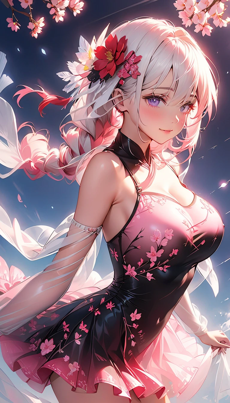 最high quality、best image quality、masterpiece、girl((18-year-old、 By becoming、vest bust、medium bust,wide open breast tea、red glowing eyes, blonde、messy hair、long hair、thin,highest valley、Show the whole body、black cheongsam、open chest、black wristband、red high heels、sexy、smile、Leaning forward、rose hair ornament)),high quality、beautiful art、background((Bright Town、cherry blossoms、beautiful blue sky))、Flight、debris flies、Depth of written boundary、movie、visual art、perfect art、8K,genuine、
