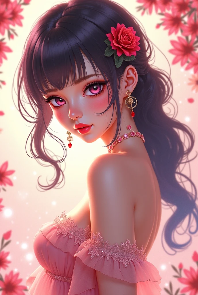 A 20 year old long pink mix black (gradations) haired woman, curly hair style, pink jewelry sharp dragon eyes, with black dragon horns on top of her head and pink roses flowers against her horns. looks pretty, graceful yet intimidating and terrifying. wearing a fancy dress with beautiful motifs which make her looks like a mommy. make it with pink flower background and in anime style