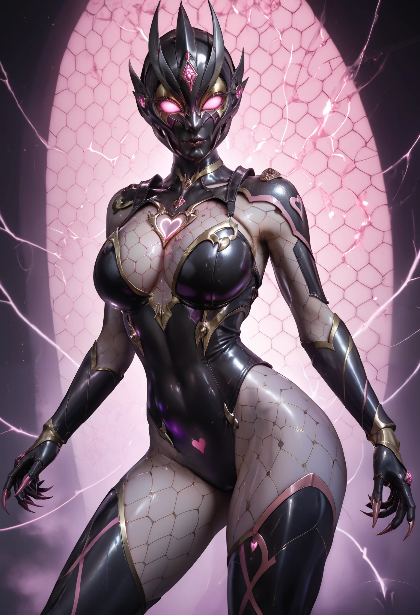 Ultraman Style Girl. Covered in black and purple skin. Black metallic full mask. Villain eyeshadow. Pink lines. Glowing crystals on chest. Sharp claws. Firm breasts. Curved waist. Thighs. Inorganic face. Armor-like skin. Honeycomb-patterned skin. Humanoid insect. Mechanical tentacle. With tentacle. A glowing pink heart tattoo. Biological light-emitting organ.