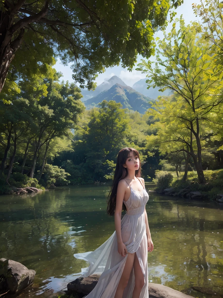 High quality, high resolution, fantastic realistic photography. One girl, masterpiece, highly detailed, ((cinematographic lighting)), (shining), ((dramatic lighting)), ((beautiful delicate shining)), intricate details, lens flare, long blonde hair blowing in the wind, looking at the viewer, pure white dress, moonlit sea, countless lights, soap bubble particles, cowboy shot, bright smile, blue eyes, spotlight, background is a fantastic landscape of moonlight and night forest and river blended together