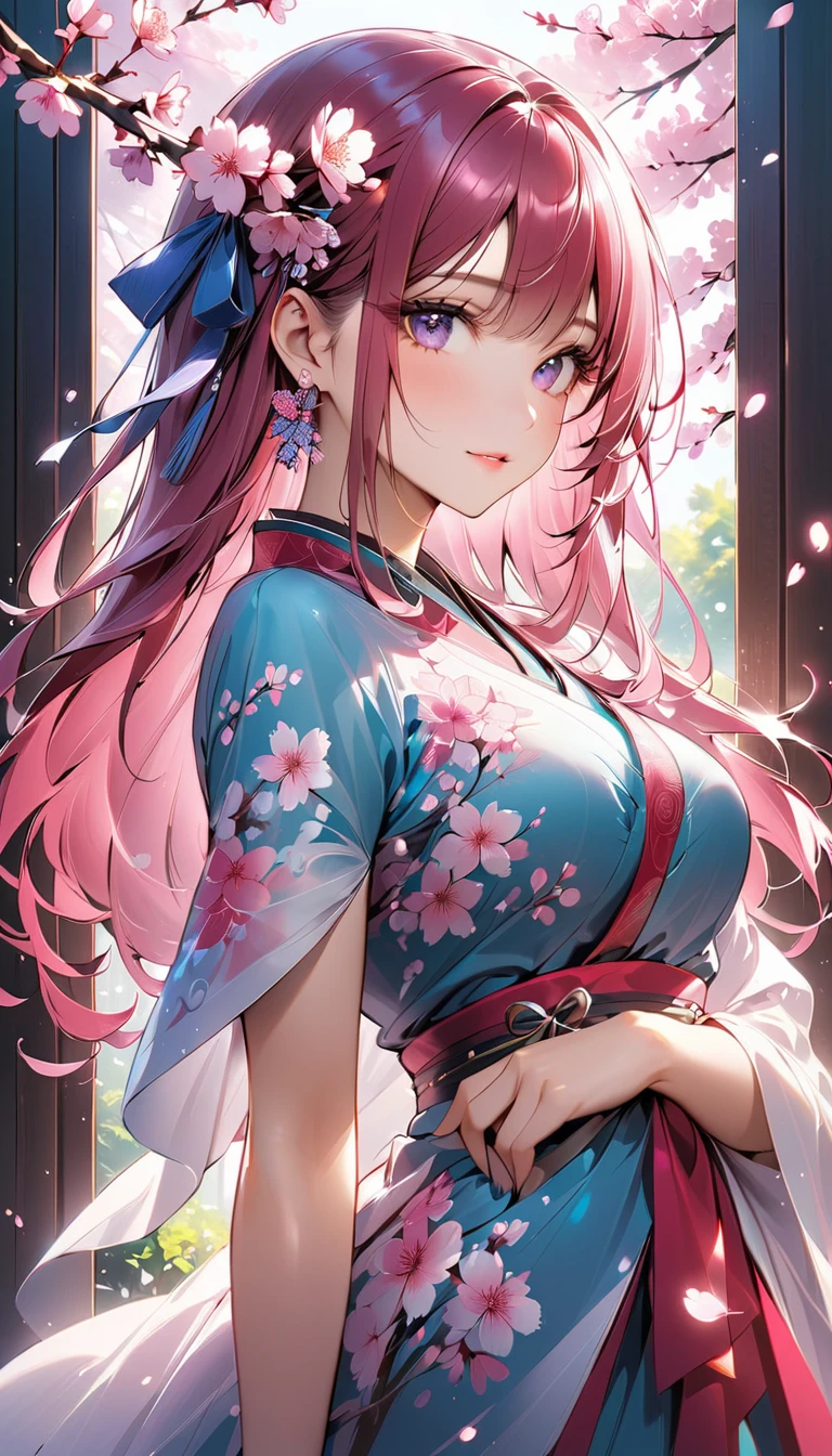 japanaese girl, Smooth and delicate lines, Wearing a glamorous and flowing miniskirt, Miniskirt blue-pink, Shy, Beautiful face, Exquisite makeup, Willow leaf eyebrows, Gentle eyes, Hair in a bun, Wearing a transparent hair ornament in the shape of a flower, Hair blue-pink gradient,Heart-shaped choker、 Butterfly in hand, Graceful and flowing movements, Watercolor style, The image is clean and clear, Qiuying style