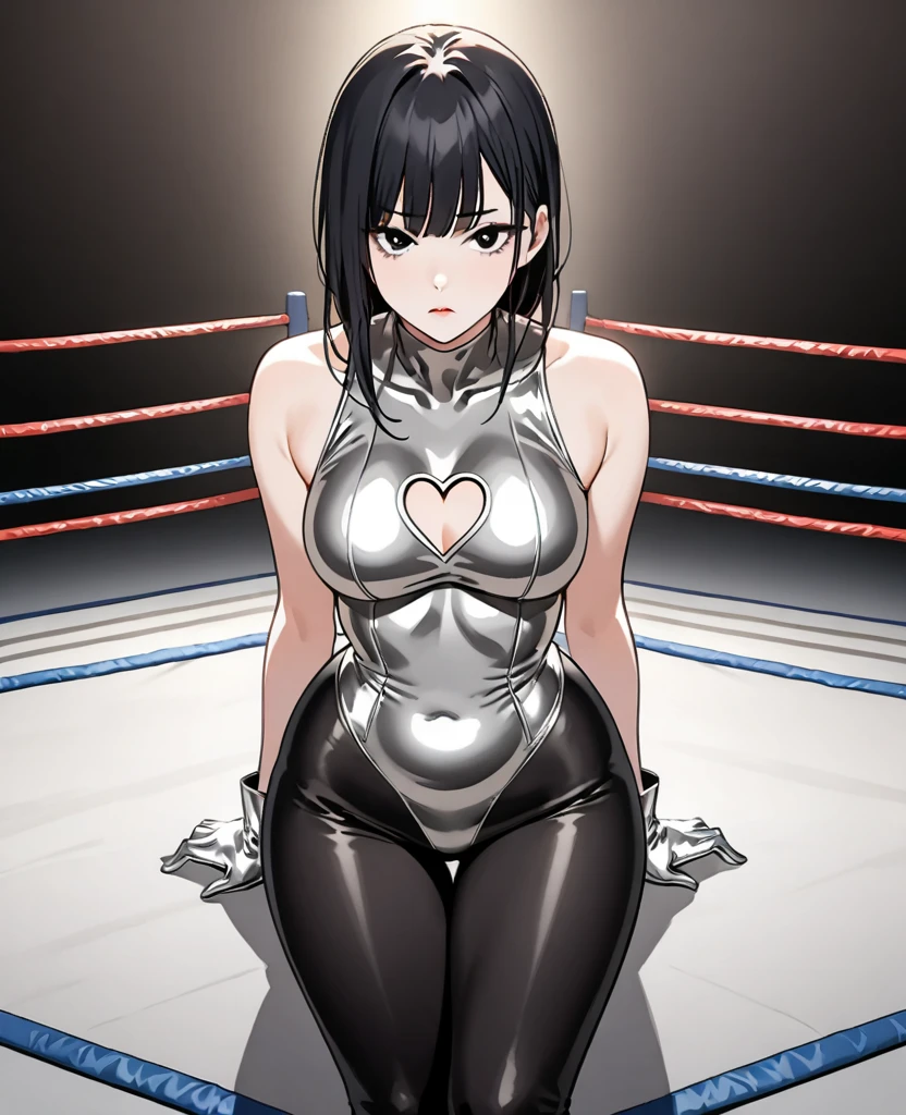 masterpiece, highest quality, (Highly detailed CG Unity 8k wallpaper), (highest quality), (Best illustrations), (Best Shadow), Confused, Realistic lighting, (abyss), Beautiful and delicate shine,victory,Random Pause,((Bare skin wet with sweat,Female professional wrestler)),Cute freckles on the cheeks,Mole under left eye,Cowboy Shot,Hair wet with sweat,Luxuriously decorated wrestling costume,pain,suffering,3Book Rope,Cornering,