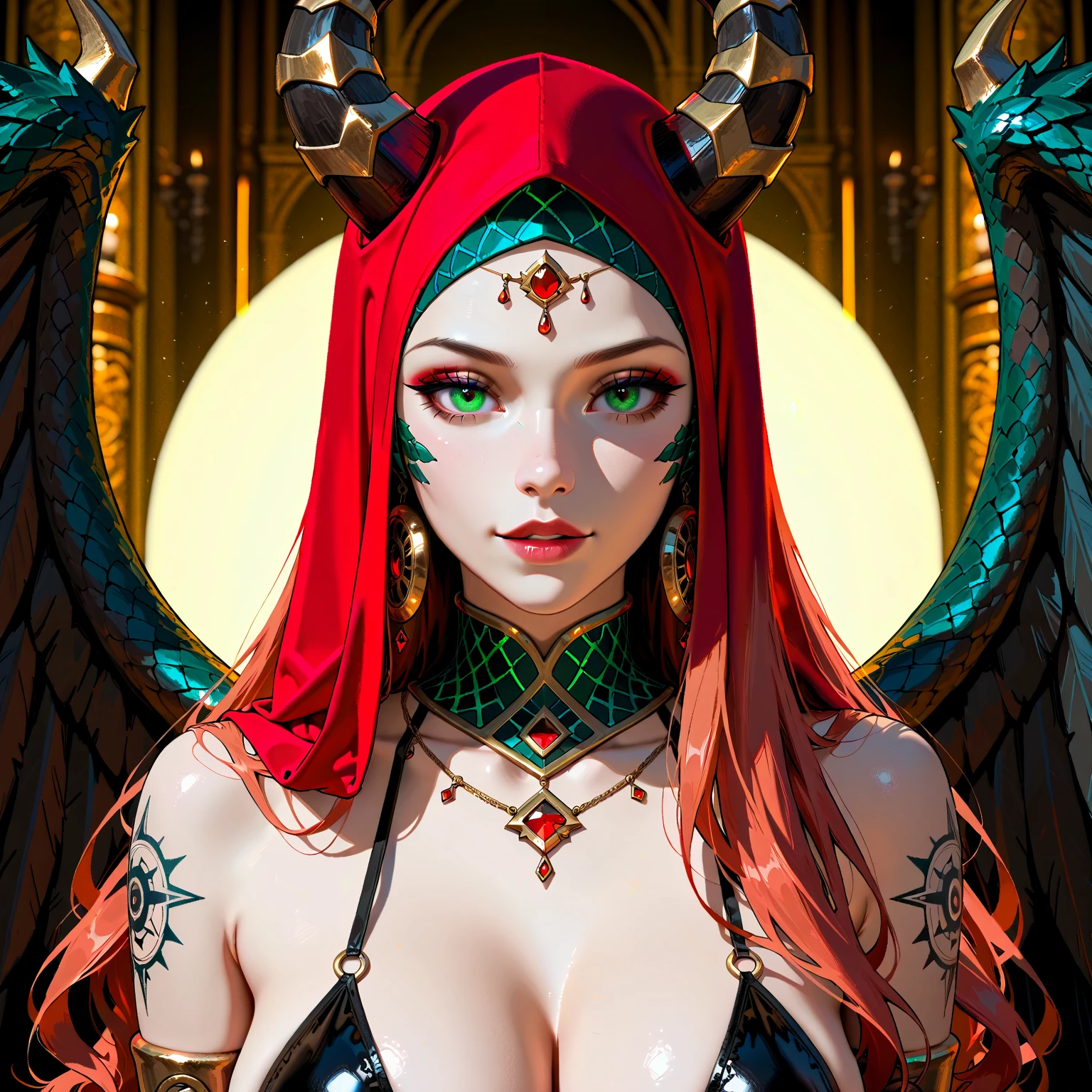 Gonzalez variation (without prompt magic): (masterpiece),award winning front photo, the most beautiful woman in the world, (golden big angel wings), (succubus black horns), (green eyes), (colorful hair), (black lips), intense sunlight, sharp focus,long hair,