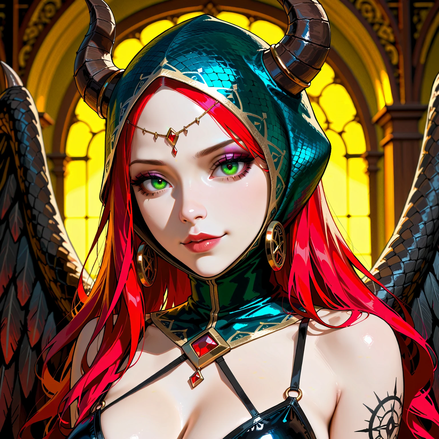 a beautiful female fallen angel with scarlet red hair, glowing eyes, divine angelic wings, 1girl, intricate detailed face, detailed eyes, detailed lips, hyper detailed, masterpiece, 8k, photorealistic, cinematic lighting, dramatic chiaroscuro, dark moody colors, dramatic atmosphere, ornate baroque style, ethereal fantasy, dramatic lighting, divine radiance