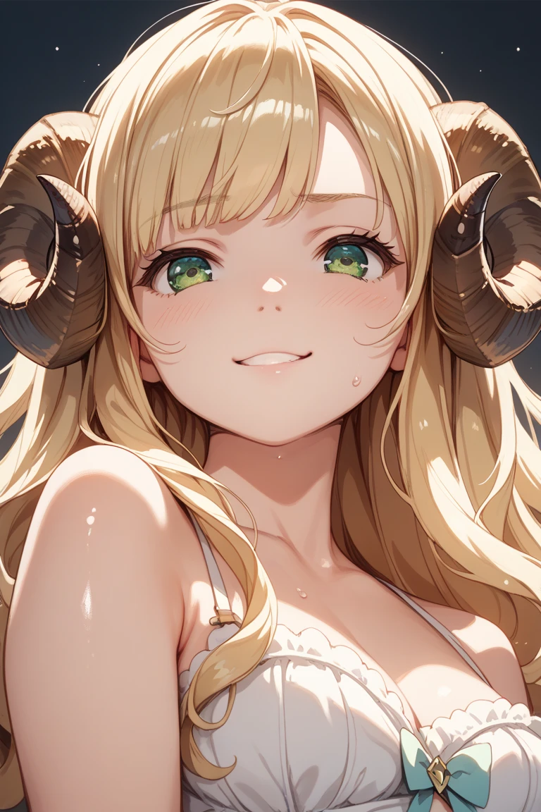 ((best quality)), ((masterpiece)), (detailed), 1girl, Gender is girl. Slightly freckled face. Light brown curly hair. Emerald green eyes. sheep ears. So small sheep horns