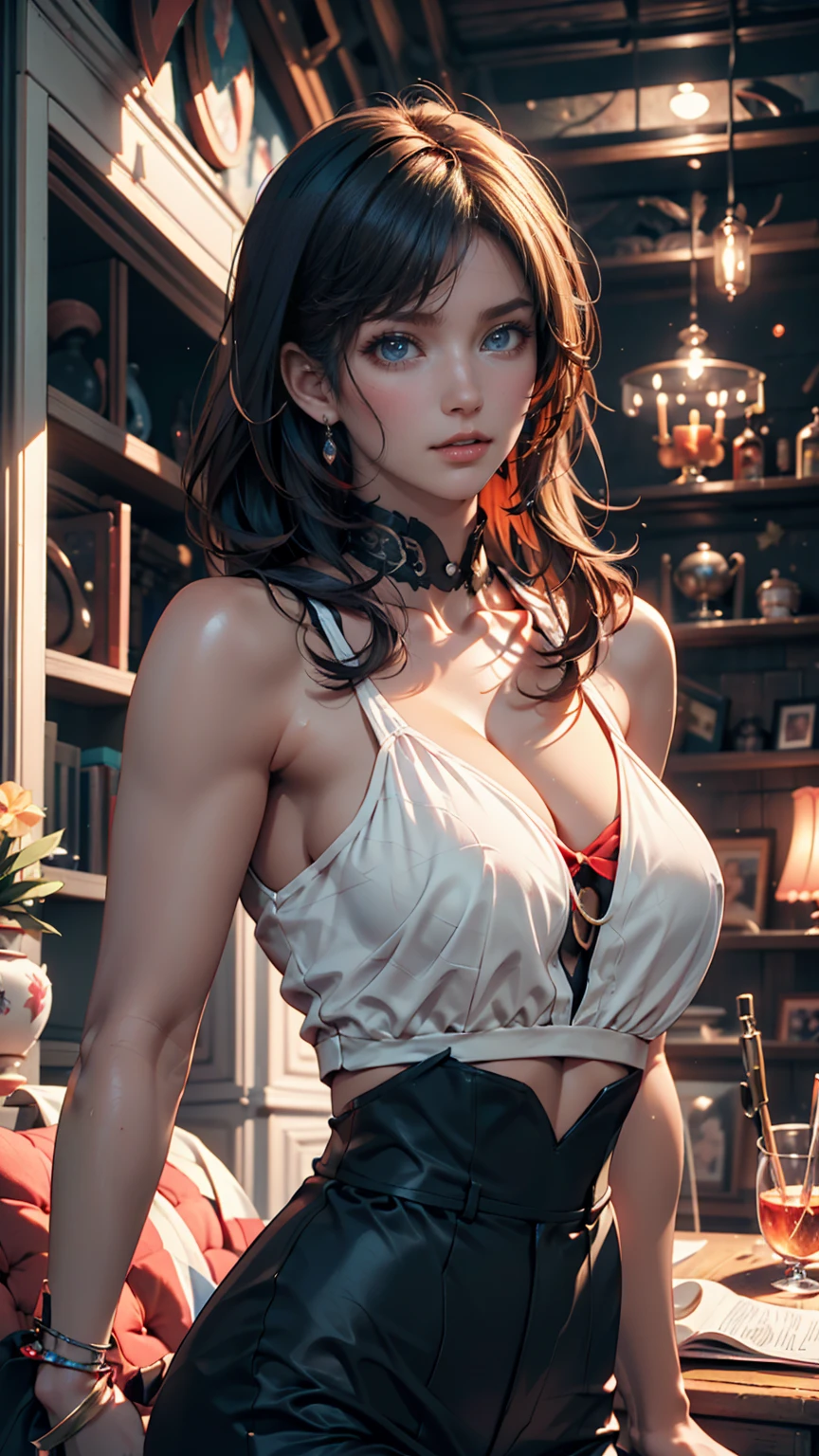 24 year old Caucasian female、Silver Hair、Pixie Cut、Lace choker、Lace tops、lace black skirt、Lace gloves、hair band((hair ribbon))、smile