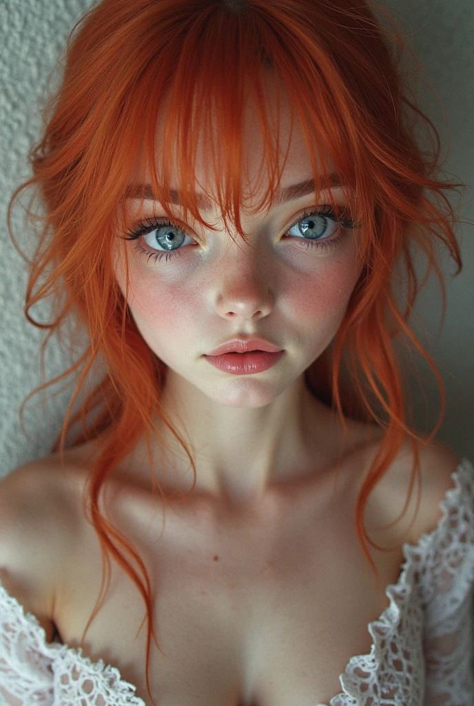 a redhead girl, with orange hair, curly hair, hair to the shoulders, wavy fringe, hair parted in the middle, big blue eyes, Caucasian skin, bee, no eyebrows, natural red lips, red natural blush