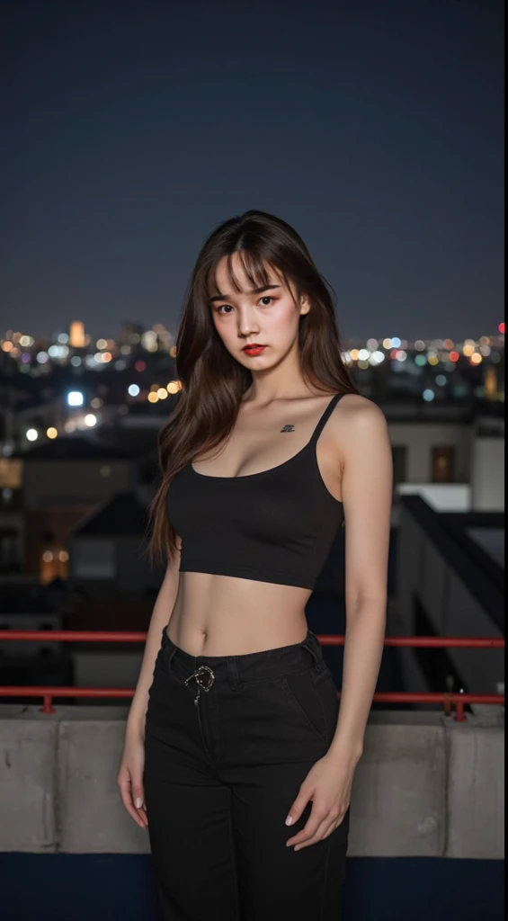 1girl, breasts, brown eyes, cleavage, earrings, full moon, jewelry, lips, long hair, looking at viewer, makeup, medium breasts, moon, moonlight, necklace, night, night sky, pants, realistic, sitting, solo
