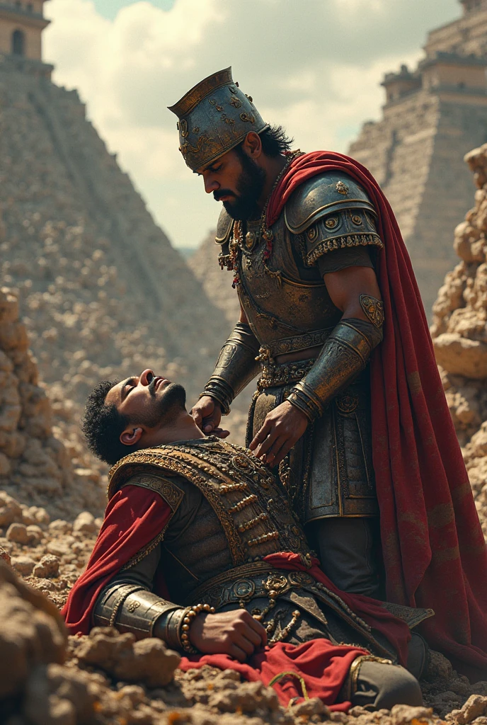A powerful split scene showing Alexander the Great on one side, wounded in battle, and Emperor Qin Shi Huang on the other, holding the mercury elixir."