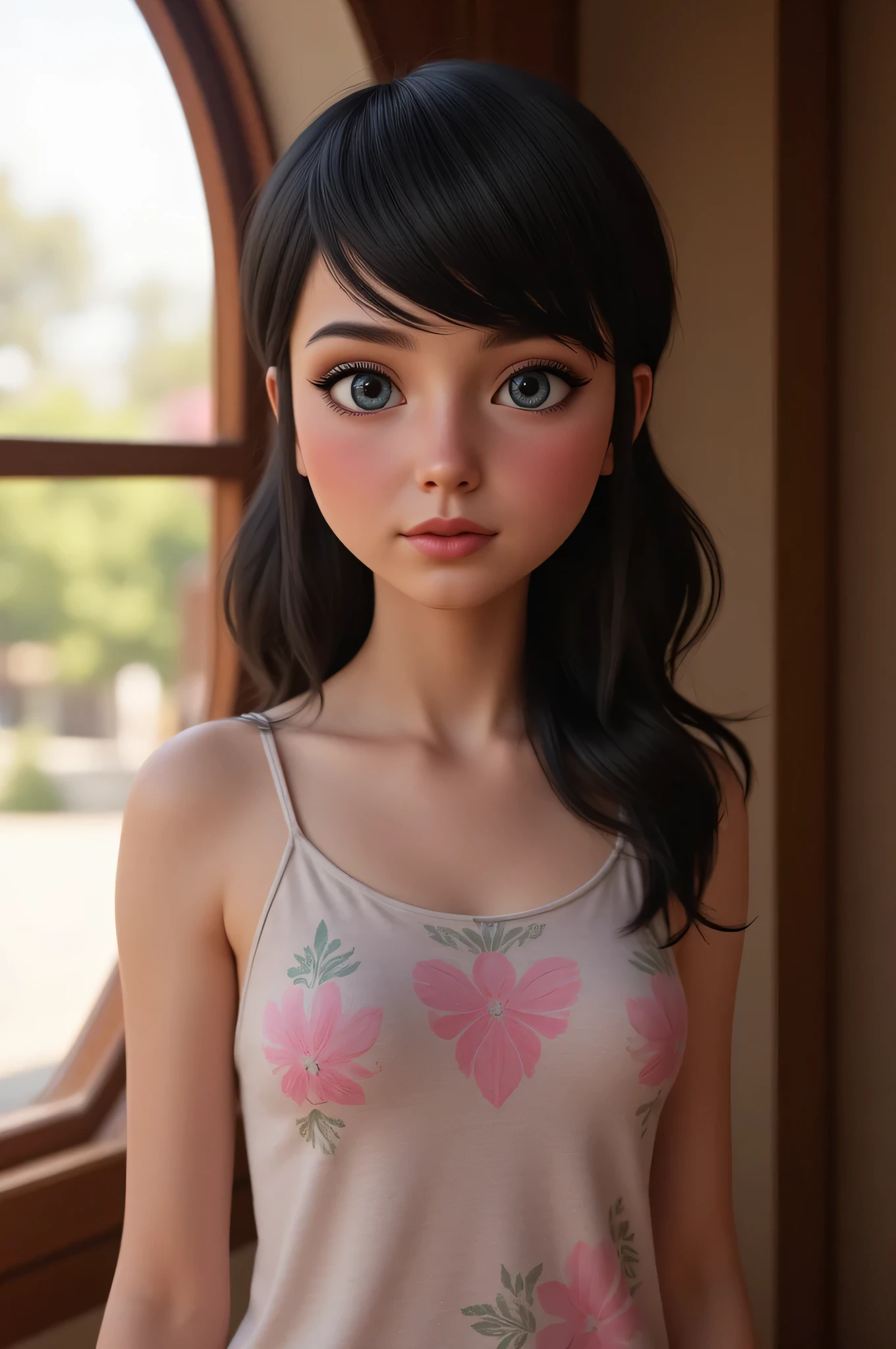 1girl, Solo, High Resolution, Accurate, Anatomically Correct, Best Quality, Detail, High Details, High Quality, black hair, blue eyes, tween, cute, realistic, real proportions, from back