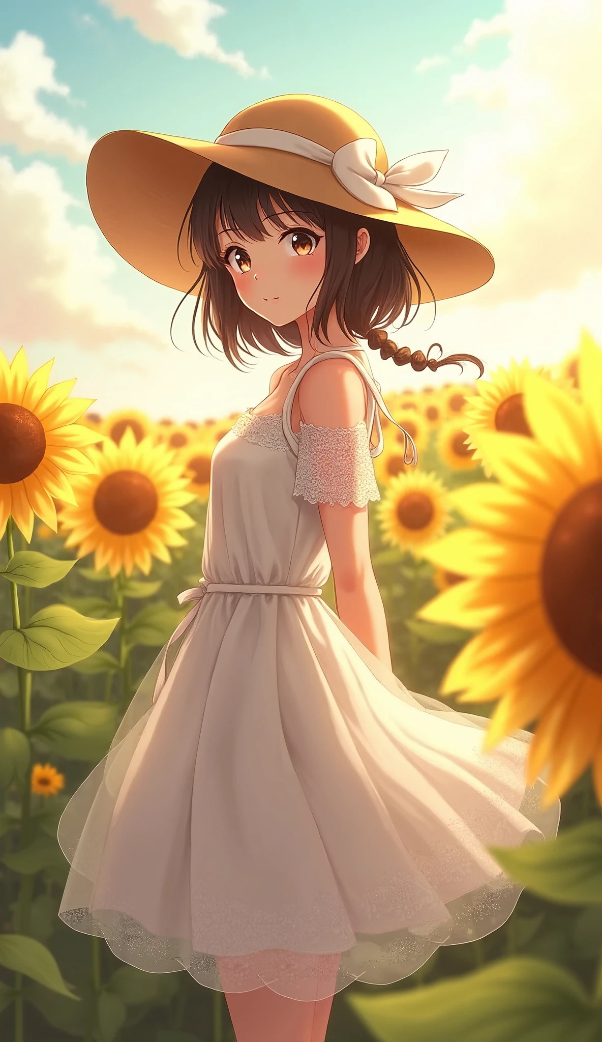 highdefinition images、Fuwa Aika、One personの女の子、One person、anime(White Lace Dress:1.2)、Relaxed Dress(Sun Visor Hat:1.2)、Sunflower field、Under the sun、ogipote 、WATCH VIEWER、wind、dynamic、Strong Light and Dark、dynamicなポーズ、