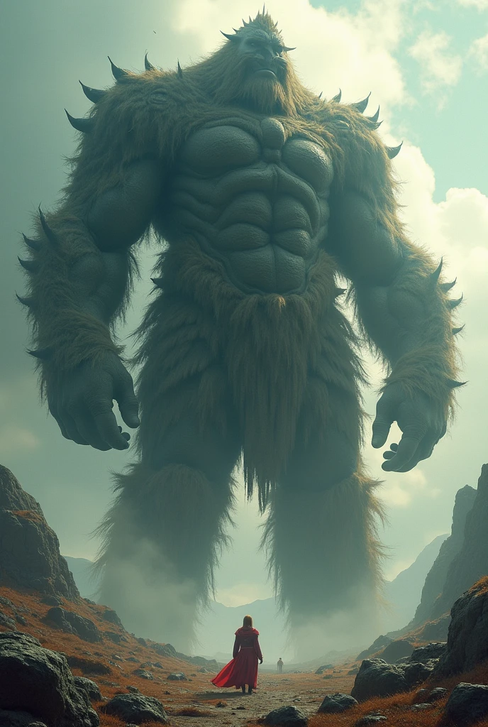 A giant as big as a mountain Looking up from below Huge belly Lower Body penis