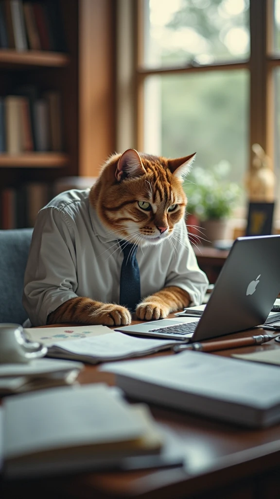 masterpiece, best quality, photo cinématique d'un chat à son bureau, il est surchargé de travail,
, photographie, film, high resolution