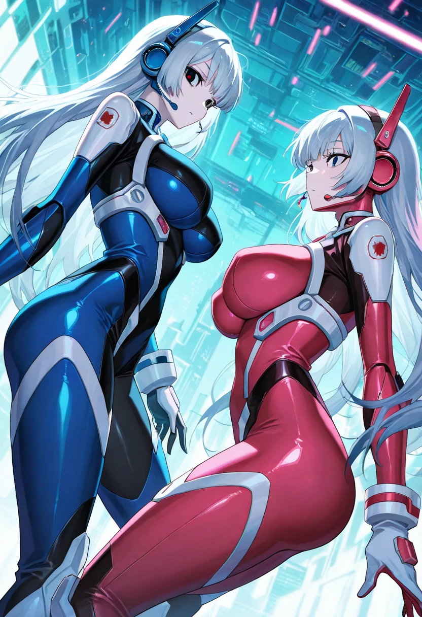 anime characters in a comic style pose with a pink background, biomechanical oppai, asuka suit under clothes!, full body zenkai! asuka suit, gainax anime style, twintails, oppai cyberpunk, zero two, tensei shitara slime datta ken, ecchi anime style, twintails white_gloves, fujita goro!