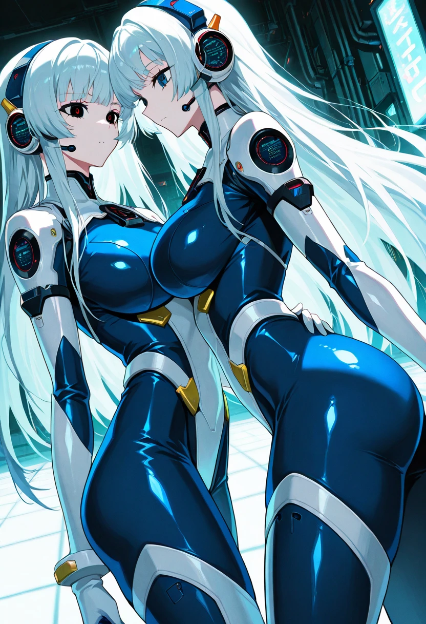 ((1 cyborg woman)),((huge breasts,biomechanical breasts)),((completely naked)),((urethral insertion)),((short light blue hair with ponytail,blue eyes)),(( with giant blue rubber penis in the anus)),((walking in a gray futoristic room)),