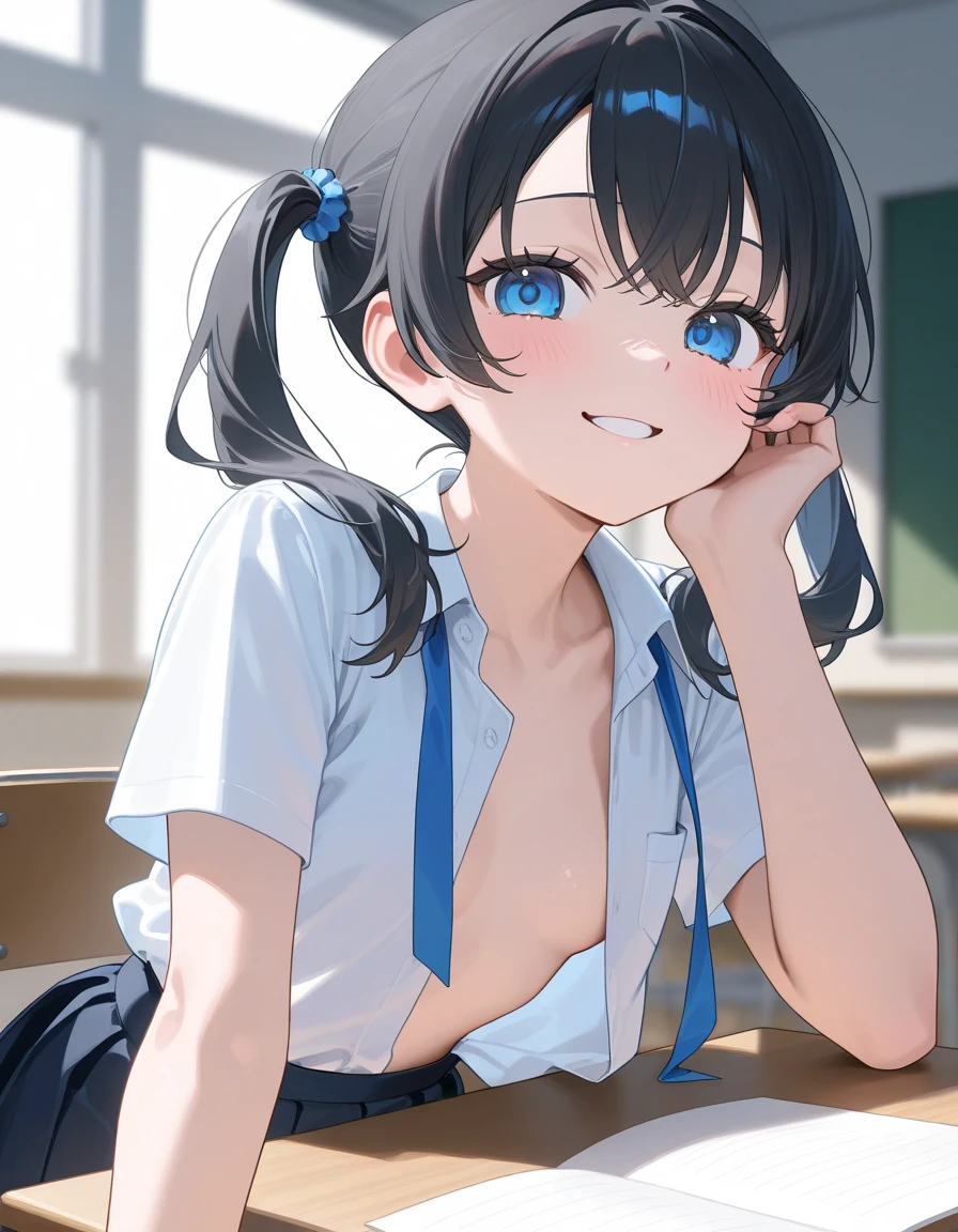 highest quality、High resolution、Detailed Background、(Beautiful face in every detail:1.4)、Anatomically correct、(Detailed facial expressions)、(Detailed eyes:1.2)、(Detailed eyes:1.2)、Teenage beauty、(Highly detailed face:1.4)、cute hair color、well-groomed eyebrows、(Huge breasts:1.3)、ponytail、Bobcut、cute hairstyle、Perfect body line、Attractive upper arms、Very excited、Very embarrassed look、Crying face、Blushing、Attractive look、Highlight your attractive armpits、Poses that show off shoulders and arms、Chest where clothes are about to tear、Clothes that seem to be bursting、
(A girl posing with her armpits exposed, looking at the camera with a shy look on her face:1.5)、
School classroom、Sit at a desk、JK Uniform、White sleeveless blouse、Navy blue pleated mini skirt、White Pantyhose、cute
