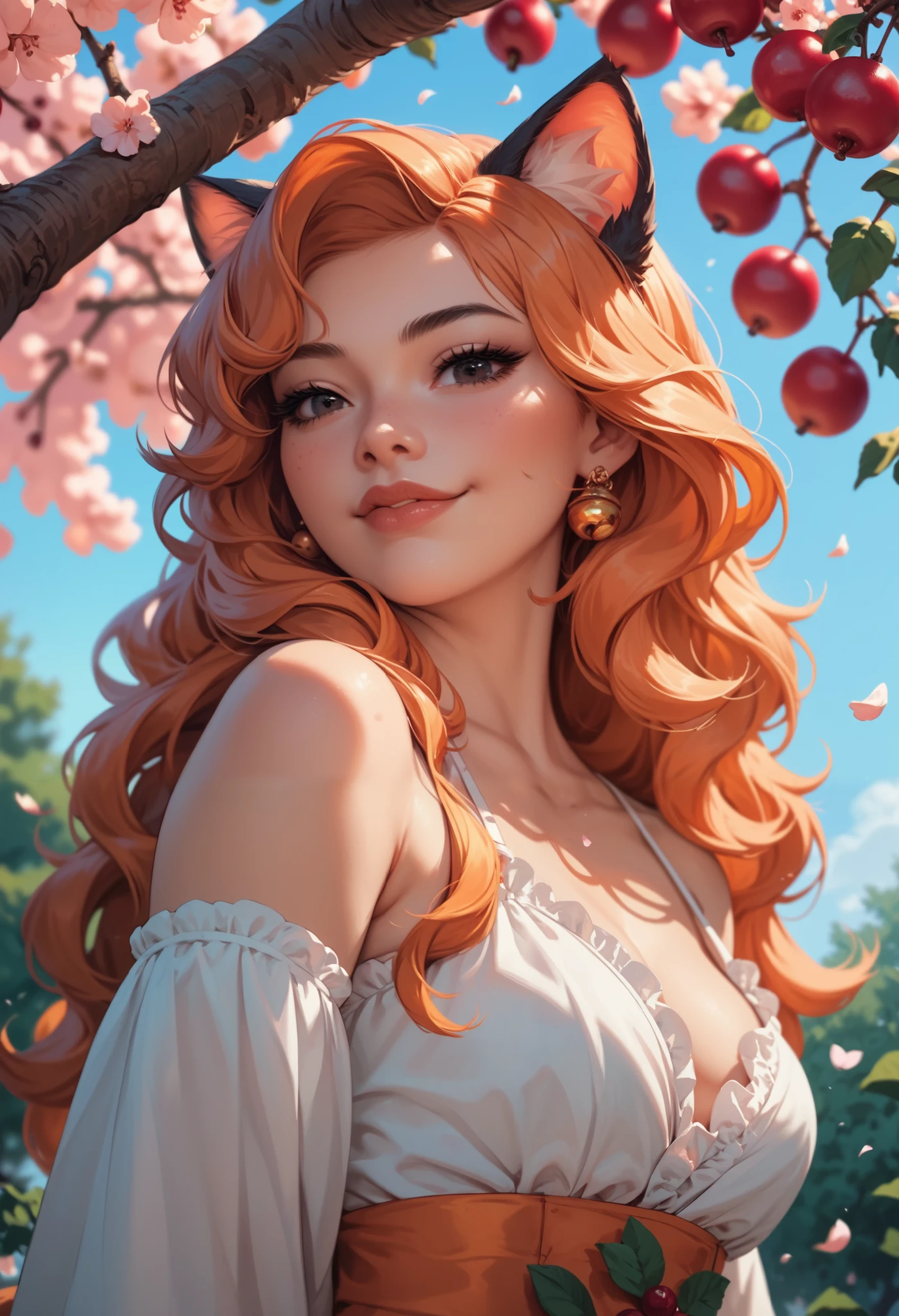 a A very cute female Furry orange cat as Xochitl Gomez, cat ears,  orange woman, with long hair, black eyes,  under a cherry tree , With a dawning sky,  with big ,  showing off her entire body , seductive clothing.