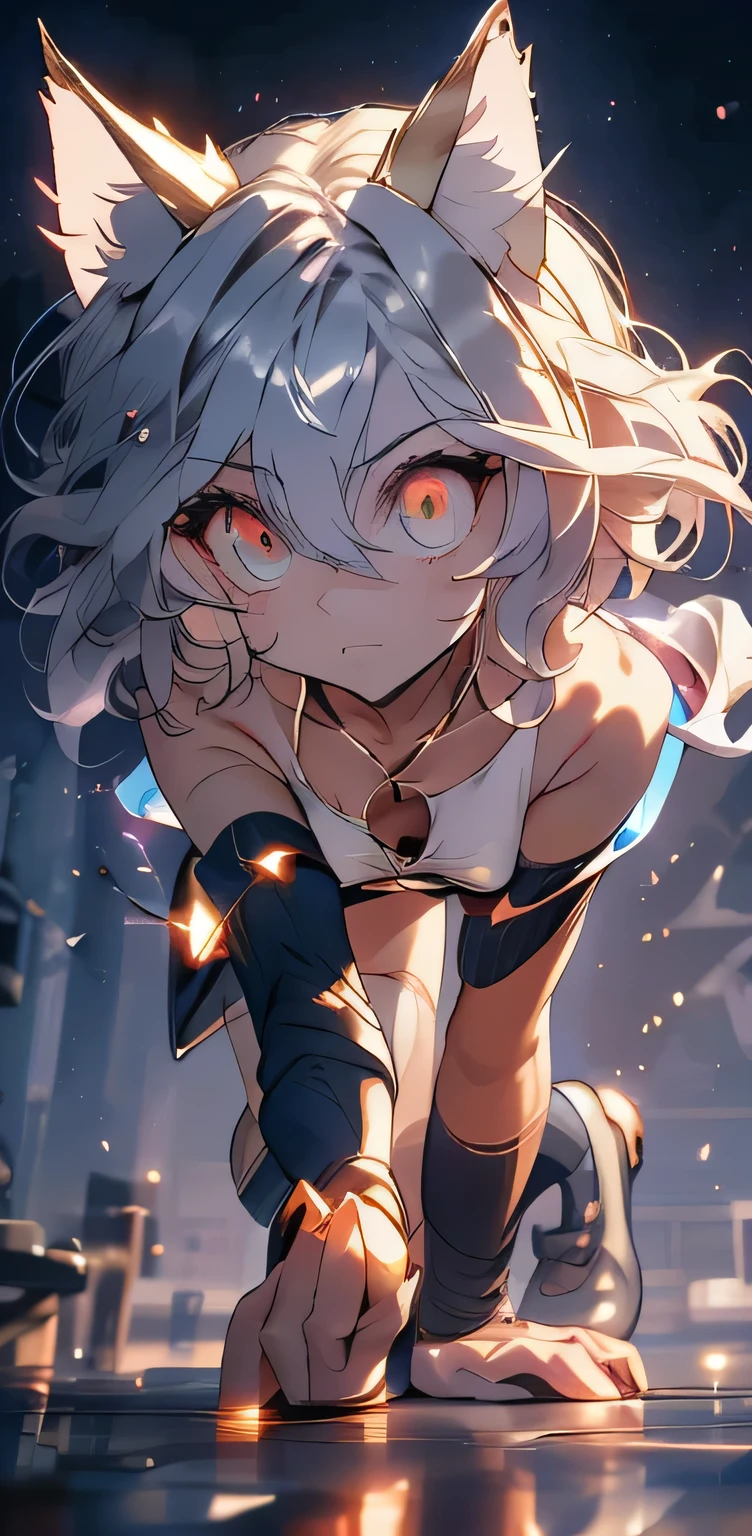 silver hair, Short and Curly , Cat ears, Red Eyes, Large pupils, strong eyes , double eyelid, fine eyebrows, long eyelashes, small nose, small mouth,((:3)), Sharp jaw, blue military style coat, Six gold buttons, orange striped short shorts, high collar, long sleeve, Thin wrists, Flexible fingers, white skin, Cat-like claws, orange striped knee socks, Blue shoes, Sturdy soles, Thin ankles, Small feet, long legs, muscular thigh, thin waist, Broad shoulders, Cat-like gaze, long neck, straight shoulder line, Straight back, muscular arms, long finger, Strong upper arms, Soft hands, Little Palms , Cat-like smile, serious frown, pointy ears, pink insides of ears, Thin eyelids, upwardly curled eyelashes, vertical slit eyes, whiskers on cheeks, Lots of lower eyelashes, Small nostrils, thin lips, pointy chin , Protruding collarbone , high waist , Knee joints, muscular thigh, Pointy knees, Tight socks, neatly tied shoelaces , soft Cat ears, Rounded ear tips, Fluffy soft hair, fine eyebrows, light pink lips , White teeth, Well-shaped lips, smooth skin, Sensitive ears, Reflective pupils, Heavy eyelids, slightly curved Cat ears, Tight-fitting coat, Shiny buttons, Slightly old shoes, Wind Fluttering Hair, shining eyes, moving Cat ears, nighttime medieval city background, moonlight, Starry Night, on all fours, above a high cobblestone wall , Get closer