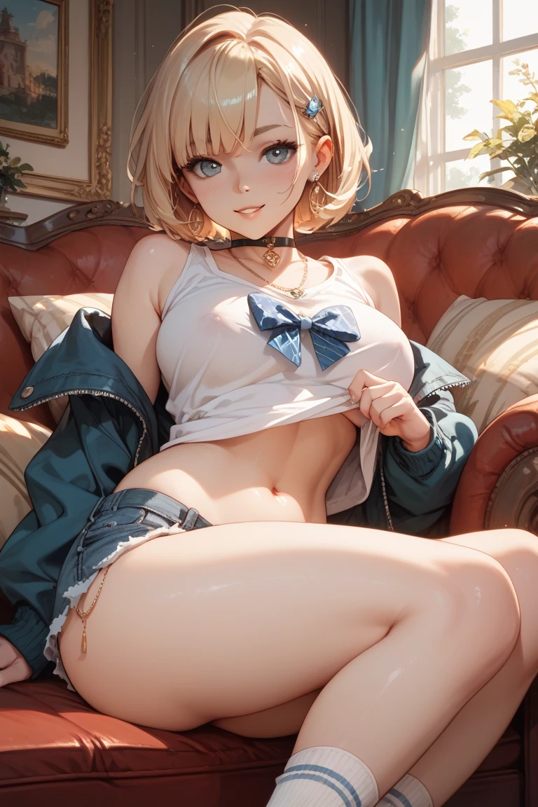 crouching, nudity, Ahegao, no bra, underwear exposed vagina, arousing in heat, nipple, slight trimmed hairy vagina, nipple piercing, navel piercing, clitoris piercing, caucasian elven female, blonde straight short hair, sexy hip, blue eyes, medium breast, sexy pose, cleavage, seductive eyes, tempting, (((masterpiece))), ((best quality)), perfect hands, detailed fingers, lightly Sweat, pounding blush, sexy black transparent leggings with hole on vagina, spreading vagina, sex slave collar with lead