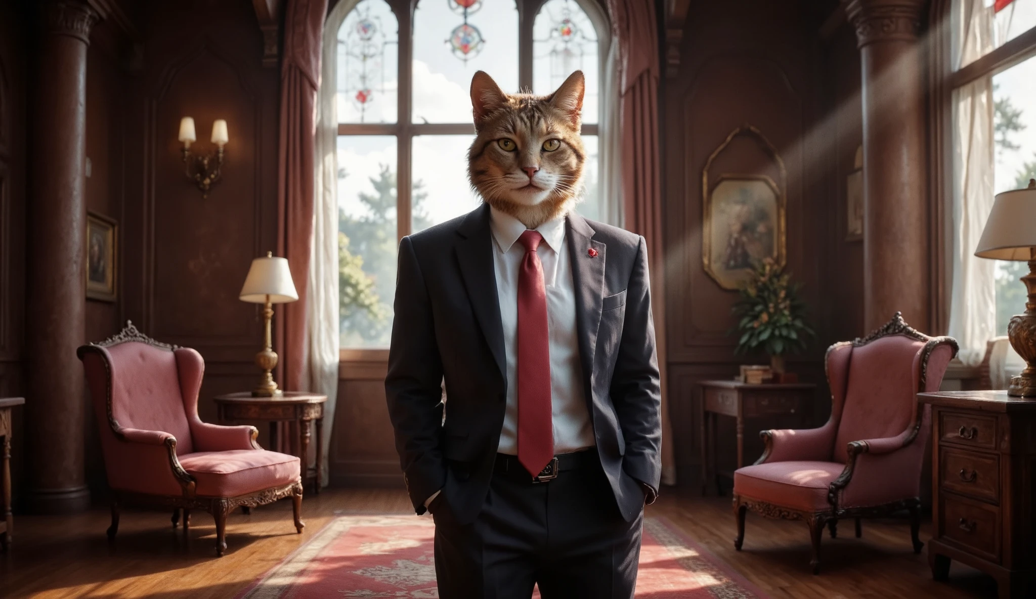 A captivating, fantasy portrait of a cat dressed in a business suit, highly detailed feline facial features, serious expression, standing upright with paws in pockets, in a luxurious office interior with mahogany furniture, plush armchair, stained glass windows, ray of sunlight, ultra-detailed, masterpiece, photorealistic, 8K, professional illustration, dramatic lighting, cinematic mood, rich color palette, warm tones, centered cat, centralized.