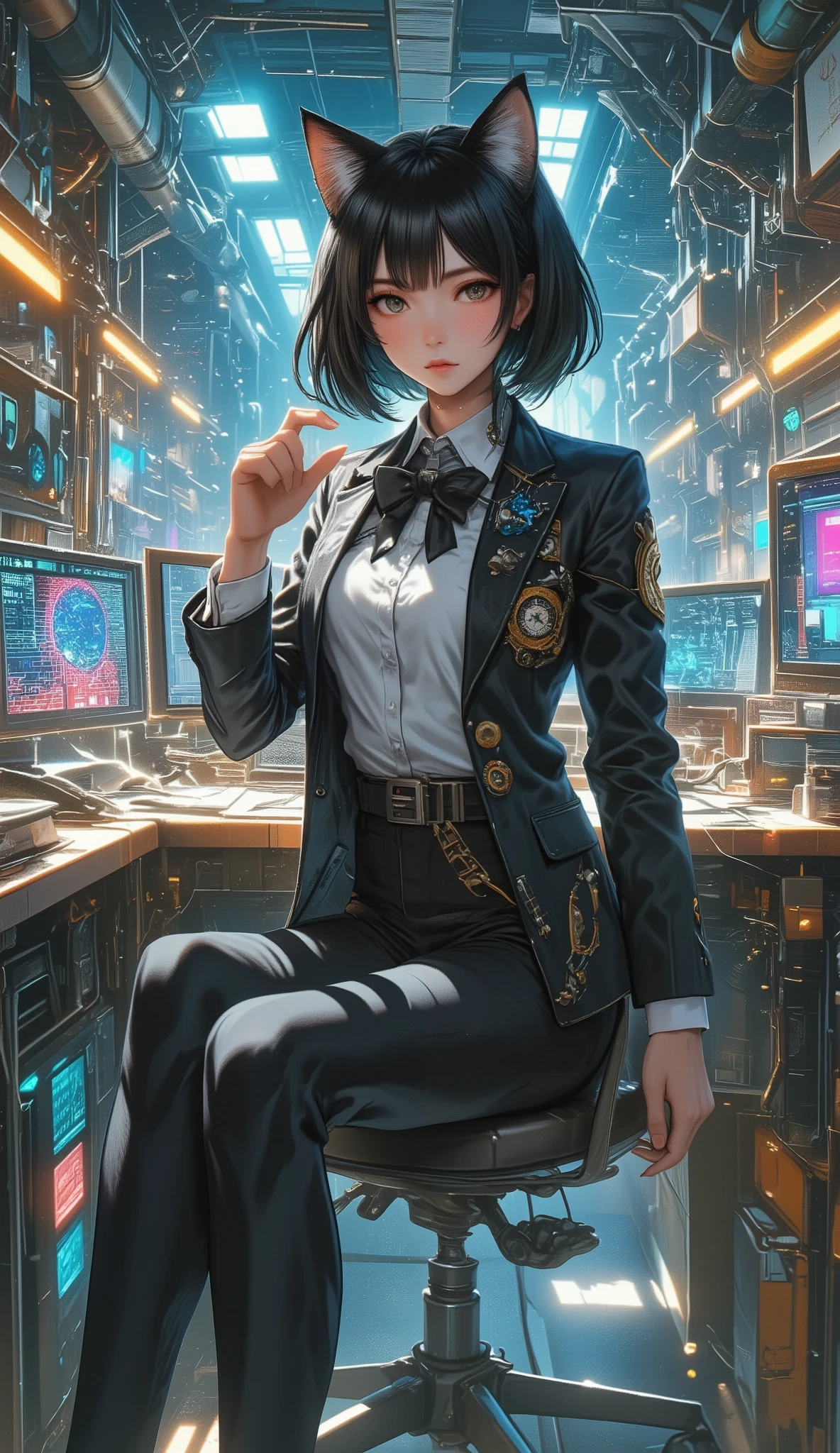 top quality, Super quality, 16K, incredibly absurd, very detailed, 2.5D, delicate and dynamic, Sexy cat girl, serious expression, Working in the office, in a suit、amazing style, short bob cut hair, steampunk, DIESEL PUNK, clock punk , cyberpunk, Glitter effect, ((large breasts:1.2), (huge breasts:1.2), (Uplifted and well-defined bust:1.2), (lifted chest:1.2), (perky breasts :1.2),(deep cleavage:1.4),