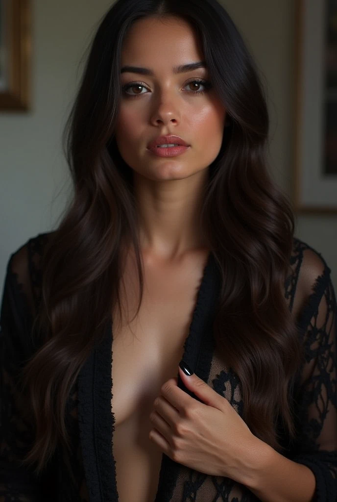 brazilian girl with big shape dressed , 25 ans, realistic image and fine details of face and body, Joli sourire, Long brown hair, messy hair, tenue en cuire moulant noir brillant, perfect lighting, dans un salon de luxe, high quality precision, le soir