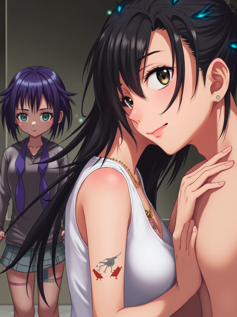 (masterpiece:1.37), best quality, (extremely detailed:1.37), woman, mature, adult, large breasts, very long hair, (straight hair:1.5), dark purple hair, purple eyes, (extremely detailed eyes:1.37), crop top, cleavage, navel, jeans, (groin:1.25), desperation, (wetting: self 3.0), standing, indoors, interior, futuristic, neon lighting, high-tech, street, store, counter, anime merchandise
