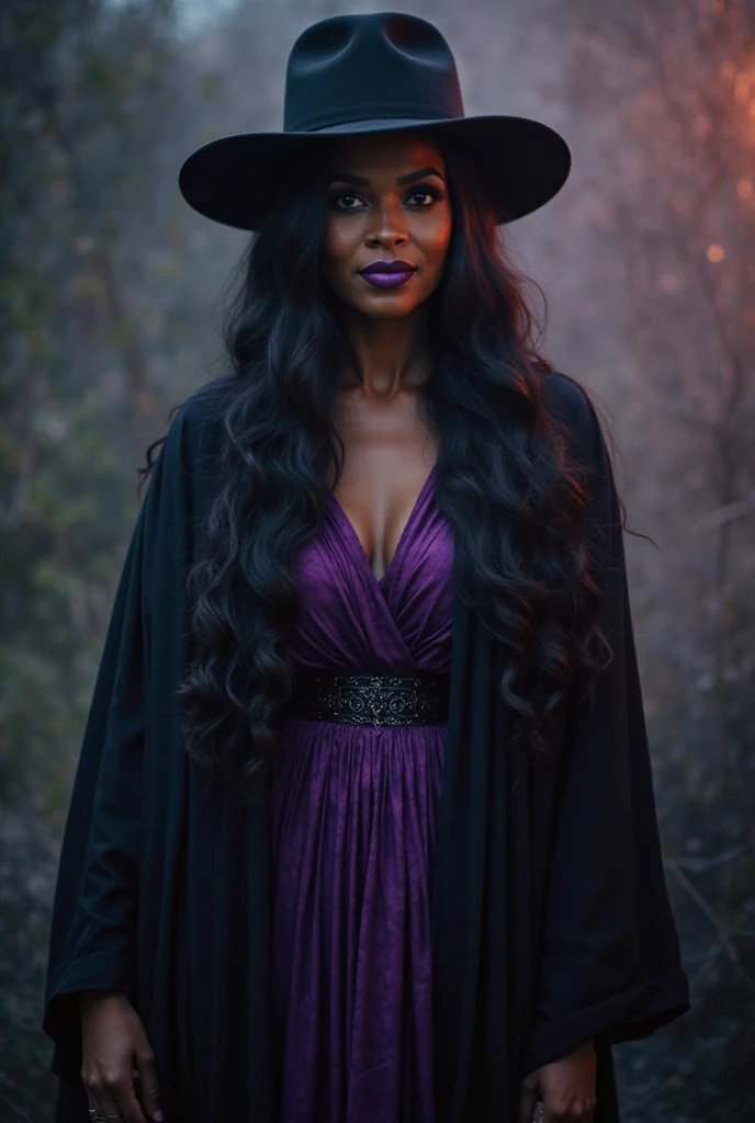 middle aged witch, with black skin, wearing a black and purple dress and holding drink and tobacco