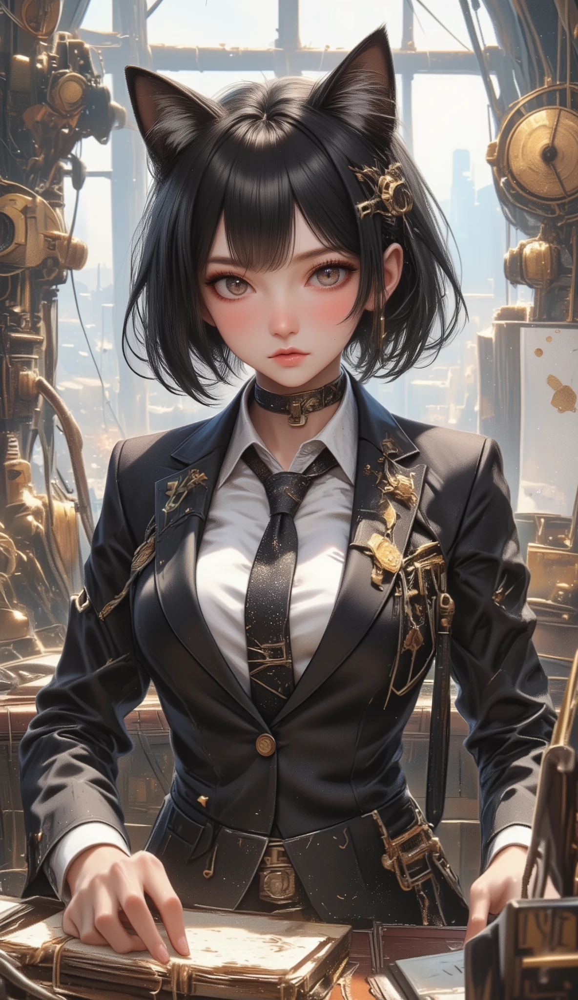 top quality, Super quality, 16K, incredibly absurd, very detailed, 2.5D, delicate and dynamic, Sexy cat girl, serious expression, Working in the office, in a suit、amazing style, short bob cut hair, steampunk, DIESEL PUNK, clock punk , cyberpunk, Glitter effect, ((large breasts:1.2), (huge breasts:1.2), (Uplifted and well-defined bust:1.2), (lifted chest:1.2), (perky breasts :1.2),(deep cleavage:1.4),