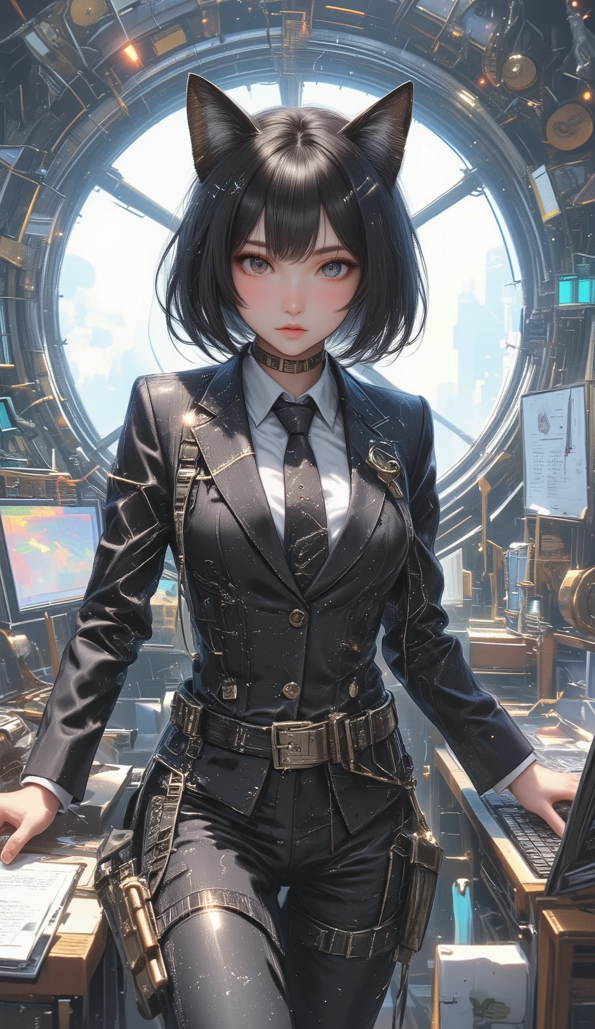 top quality, Super quality, 16K, incredibly absurd, very detailed, 2.5D, delicate and dynamic, Sexy cat girl, serious expression, Working in the office, in a suit、amazing style, short bob cut hair, steampunk, DIESEL PUNK, clock punk , cyberpunk, Glitter effect, ((large breasts:1.2), (huge breasts:1.2), (Uplifted and well-defined bust:1.2), (lifted chest:1.2), (perky breasts :1.2),(deep cleavage:1.4),