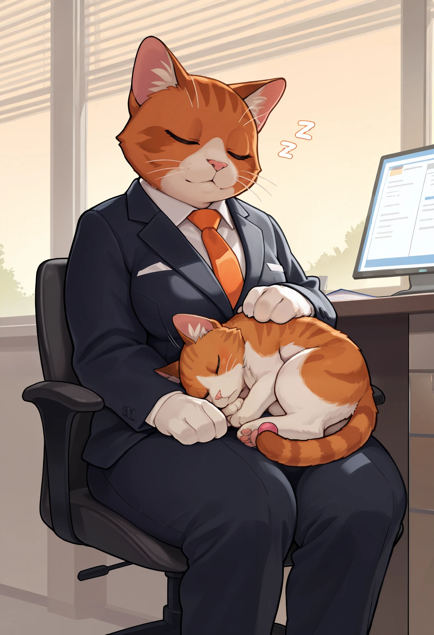 masterpiece, best quality, amazing quality, very aesthetic, newest, plump white and orange anthropomorphic old tom cat in a suit, company manager, sitting in a chair and dozing off, sleeping, not working, suit, office window, warm weather, absurdres, highres
