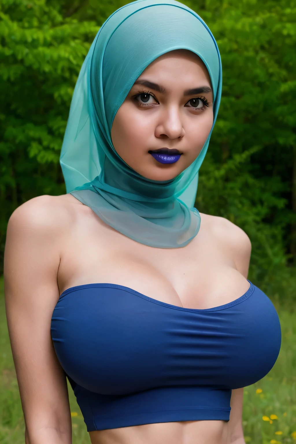 HELLO KITTY, green fluorescence Strapless Jumbo (Fatty), adorable, (1 girl), (face to face), , baby face, happy, half body portrait, (face details: 1), (eye details: 1), ((big breasts Solid:1.54)). wearing translucent (transparent) transparency (soft short t-shirt cropped) , hijab, .. Cute posed. proportional body. Ultra High Res. realistic: 1.4, UHD, view from side seductive pose, (viddinillah:1.3), (Dark Blue Lipstick:1.2), (sad face expressions:1.2)