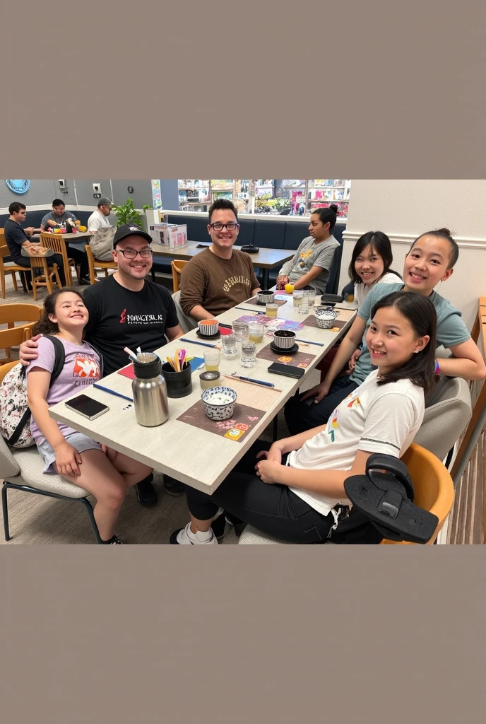 Group of kids sitting in starbucks outlet and enjoying cakes, smiling faces, (cyborg:1.1), ([tail | detailed wire]:1.3), (intricate details), hdr, (intricate details, hyperdetailed:1.2), cinematic shot, vignette, centered