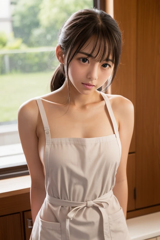 (A masterpiece of image quality in 8K),(Beautiful Arafifu woman),(((Accentuate your breasts:1.3))),(Dynamic Angle),(Dynamic and sexy bending pose:1.3),,(Shiny silver and orange inner color short hair,Big ample breasts,Clothing gets messy due to movement,Chest slip,(Intricately braided and beaded twisted ponytail bun,Braided Setup Fishbone Hair,),(See-through bangs),Huge breasts、(((A large white lace apron on bare skin)))、blush with embarrassment、Dreamy eyes、A smile that captivates the viewer、(Elbows on the kitchen table、Leaning forward:1.7)、Take a look at the photographer,Sweaty skin,Staring at the audience,,(Professional Lighting),(8K,Tabletop,Highest quality,Ultra-high resolution output images,),(Ultra HD with Intricate Detail Picture Mode),Depth of written boundary,Beautiful Hands,Beautiful fingers,Detailed finger features,(Detailed hair features:1.7),Detailed facial features,Detailed clothing features,Hands clasped behind back