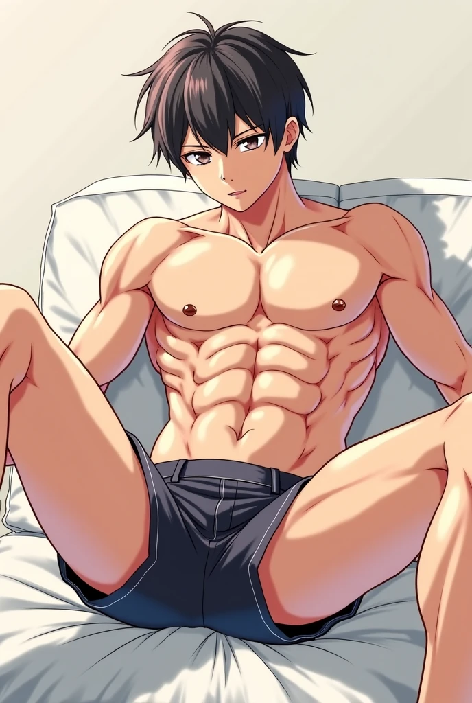 high quality, (solo japanese teen boy sleeping on the bed:1.5), (detailed eyes), (black short hair), naked, (dark wet skin), (detailed puffy nipples:1.2), black briefs, abs,