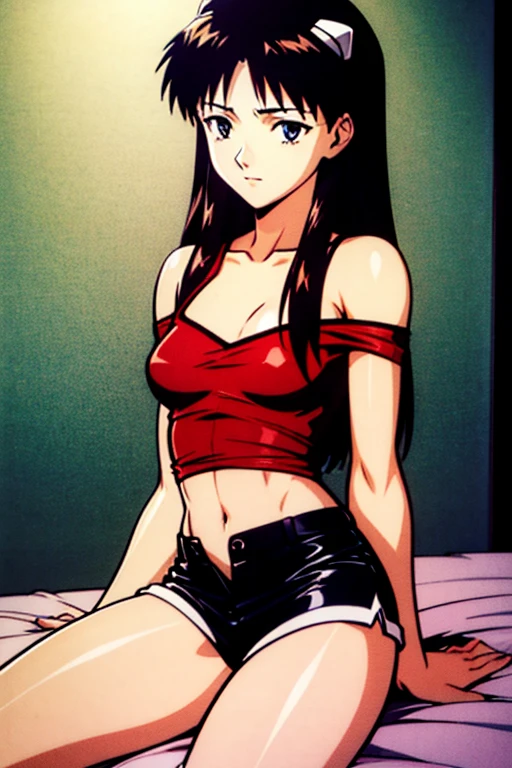 ((best quality)), ((masterpiece)), (detailed), dark tanned skin anime woman in a deep V-neck tied top, (bare shoulders), (bare arms), (jeans), (long hair), starving, (resting hands on the stomach), (hands on the stomach), (slim body)
