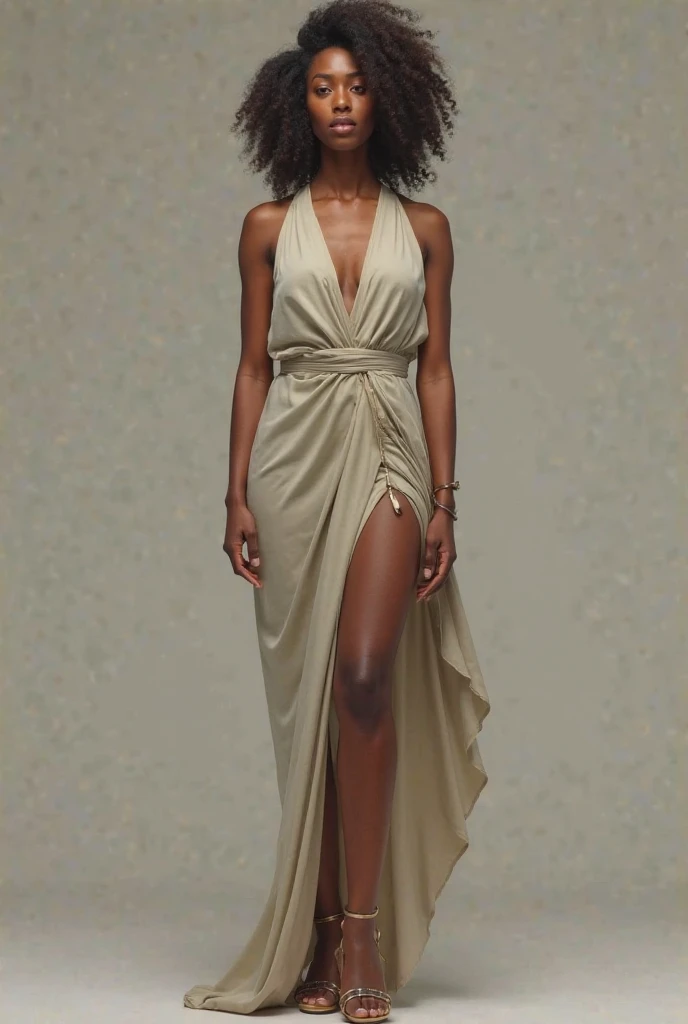 (Character: one Brazilian woman, 20 years old,, dark skin, black skin, smile, black hair, mega hair, dreadlocks:1.3, tall)
(Clothing:  white elegant short dress, jewels, collars, high heels)
(Pose: full body shot:1.7, perfect proportions, (face detailed))
(simple background)
(((masterpiece:1.5)),, photo-realistic:1.3, hyperrealistic, , high contrast, soft lighting)