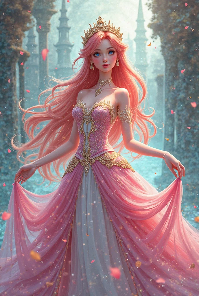 surreal, soft pink flowing hair,big eyes,full frame,full tiara,jewelry,filigree,luxurious pale blue outfit, from iridescent scales with decor,aesthetics of the female body, sophisticated,with floral elements,detailing,hd,delicate background, rainbow,magic,bohemian photo,shine, gloss,magical,beautiful, enchanting, colorful,bright studio lighting,iso800,30 mm lens,f/16,art deco,sweet fantasy,avery fantasy,cgi,1024K,professional photo,photorealism