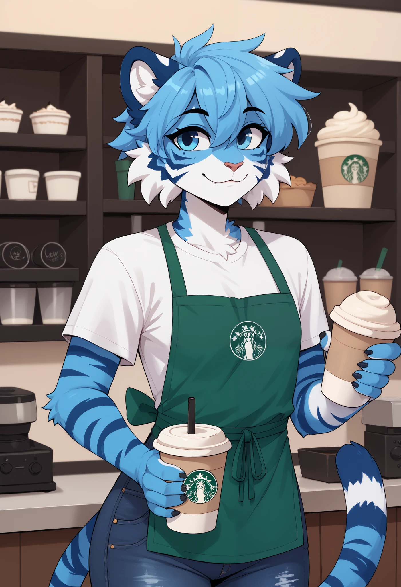 (Masterpiece) (High Detail) (High Res) A slim, curvy and cute tiger Male with blue fur and fluffy blue tiger patterned fur and bright blue eyes and curvy effeminate shape and a thick fluffy stripy tiger tail and a flat chest. Bright Blue Fur. He is dressed in a t-shirt and jeans and a large green starbucks apron and is holding a coffee. In a coffee shop.