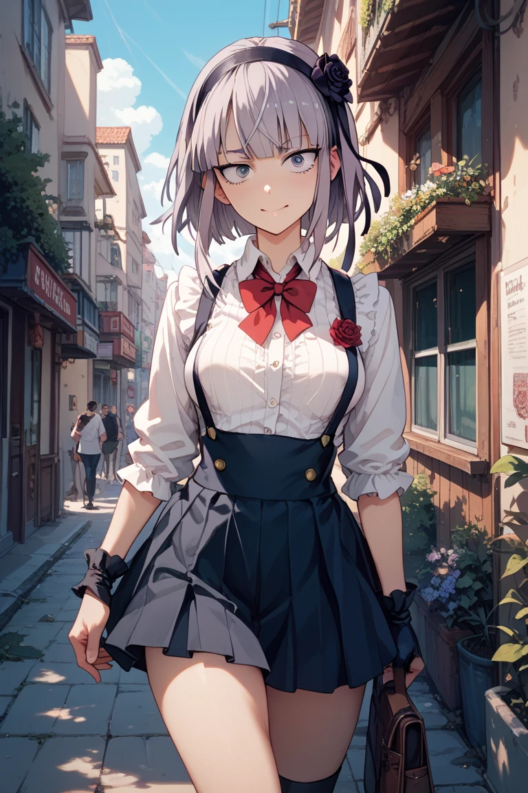 (masterpiece:1.3), (8K、best quality:1.4), (Highest image quality, intricate details, high resolution, depth field, Natural light, professional lighting), (top-quality, hight resolution), (1 girl:1.3), (solo:1.3), (Symmetrical perfect face), (15 year old beautiful silver-haired Scandinavian girl, Very beautiful and attractive woman, beautiful silver hair、intense blue eyes, strong eye highlights), lip gloss, (cute:1.2), (natural breasts), (Natural buttocks), (healthy beautiful body:1.3), (high detail skin: 1.2), (perfect anatomy), smile, ((red ribbon tie, high , dark blue long sleeve jacket、white shirt、navy blue flared skirt))、((正面ややfrom below見上げるカメラアングル))、(skirt lift)、(grab the skirt、accurate hands、five fingers)、((The wind flips my skirt and reveals my pants.))、((skirt lift、detailed panties、beautiful thighs))、cute下着、((detailed panties))、from below、((from the front))、Angle from feet、Angle from below、soft backlight、soft light、柔らかなNatural light、Spring daytime cityscape、
