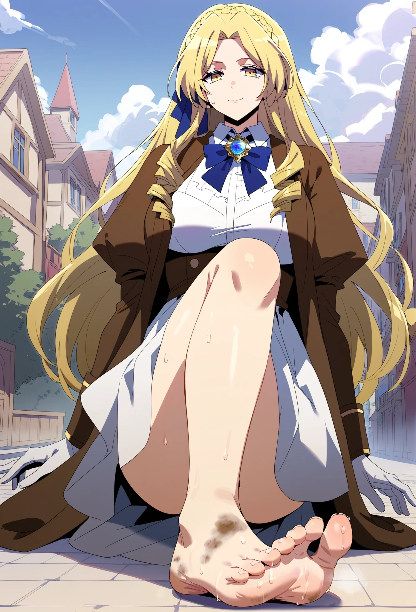 Masterpiece, best quality, high resolution, high heels, (Ingrid), hair pods, gloves, skirts, ((panties under pantyhose)), bows, dresses, (spread legs, imminent vaginal, sex, cowgirl position, pov), (nsfw:1.4), aroused, closed eyes, open mouth, (blush), ((nature))