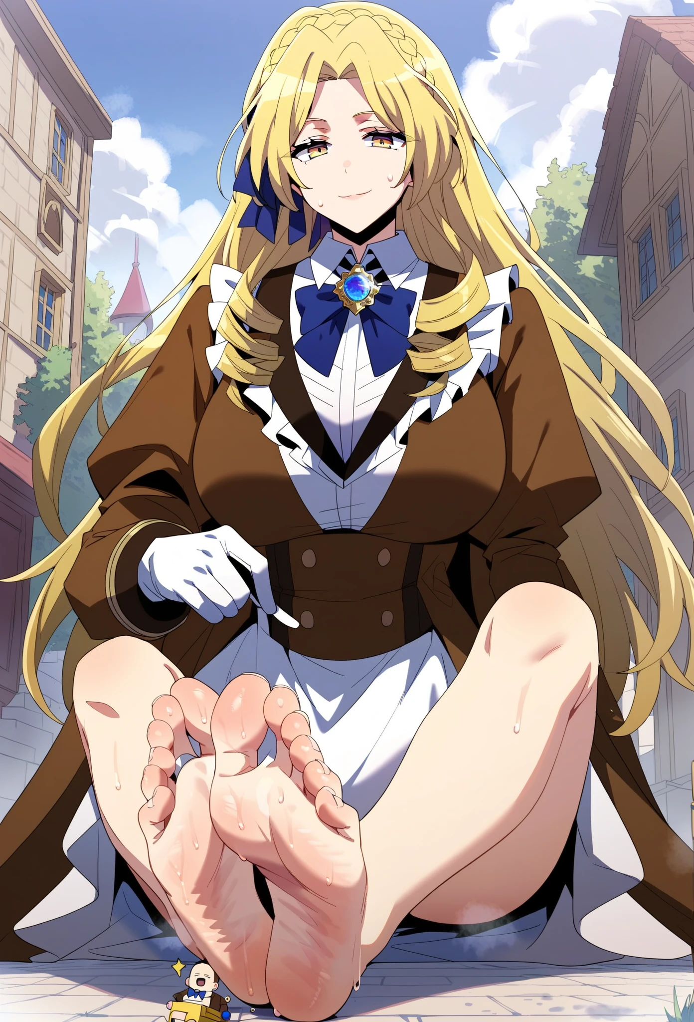 Masterpiece, best quality, high resolution, cowboy shot, (Ingrid), hair pods, gloves, skirts, (((panties under pantyhose))), bows, dresses, (leg lift, imminent vaginal, sex, 1man), (nsfw:1.5), aroused, closed eyes, open mouth, (blush), ((nature))