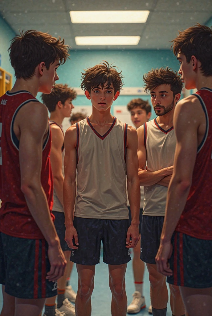 two young twink boys with thin bodies, short black hair, beautiful blue eyes, beautiful red lips, wearing pink light shorts and transparent shorts, swimming in an indoor pool, doing backstroke, with sweet expressions, sweating, with bellies and feet visible, toes touching the water, (best quality,4k,8k,highres,masterpiece:1.2),ultra-detailed,(realistic,photorealistic,photo-realistic:1.37),HDR,UHD,studio lighting,ultra-fine painting,sharp focus,physically-based rendering,extreme detail description,professional,vivid colors,bokeh,portrait
