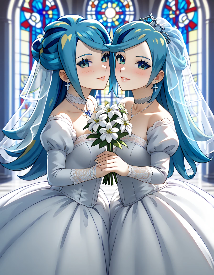 Sky blue hair, (One braided ponytail),(Pink Eyes),Fair skin ,(whole body),(One girl),bride,A big smile,Straight bangs, 6月のbride,Wedding dress,(masterpiece, Highest quality, Very detailed, Best Shadow), (Detailed Background), (Beautifully detailed face), High Contrast, (Best lighting, Very delicate and beautiful), ((Cinematic Light)), colorful, Hyper Detail, Dramatic Light, Intricate details,Chapel background,A bouquet of roses in the right hand,Ring on left ring finger,