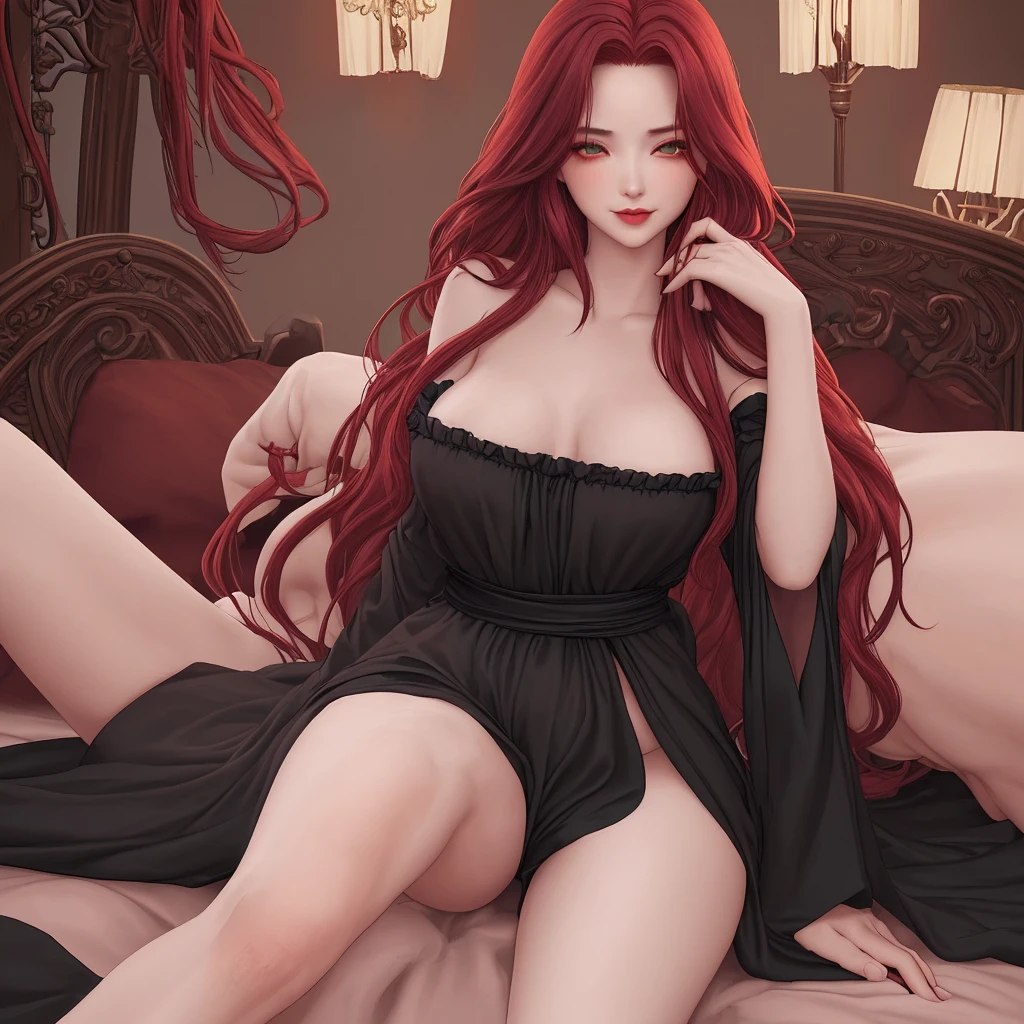 Long flowing hair, red in black, sexy crisp breasts, rapidly expanding breasts, ung woman, solo, exposed top, shaky chest, cleavage clearly visible, black lace bra, office, high heels, black stockings, realistic face, super high appearance, slender legs, sitting on the table, legs open, leaking beautiful breasts, seductive posture, sticking out tongue, sweat beads on the face, as if just finished exercising